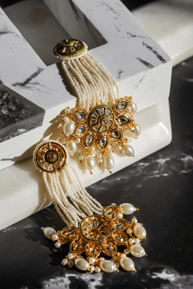 Mona Pearl Moissanite Polki Choker Set – Indian Jewelry featuring layered pearl strands, central floral moissanite polki motif, and gold accents.