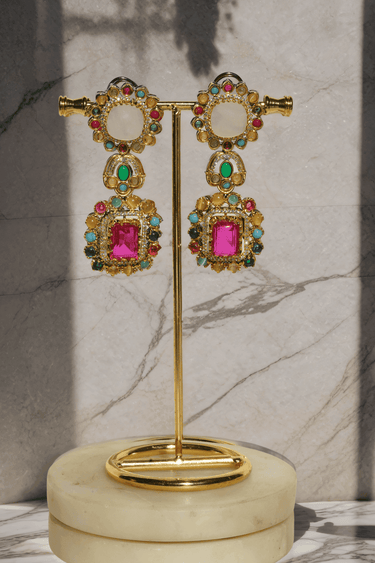 Monika Semi-Precious Gold Plated Mala Necklace Set - Multi-color stones with faux pearls and Moissanite Polki detailing, available with hot pink, light pink, or green center stones, and matching 2.6-inch statement earrings.