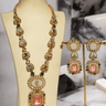 Monika Semi-Precious Gold Plated Mala Necklace Set - Multi-color stones with faux pearls and Moissanite Polki detailing, available with hot pink, light pink, or green center stones, and matching 2.6-inch statement earrings.