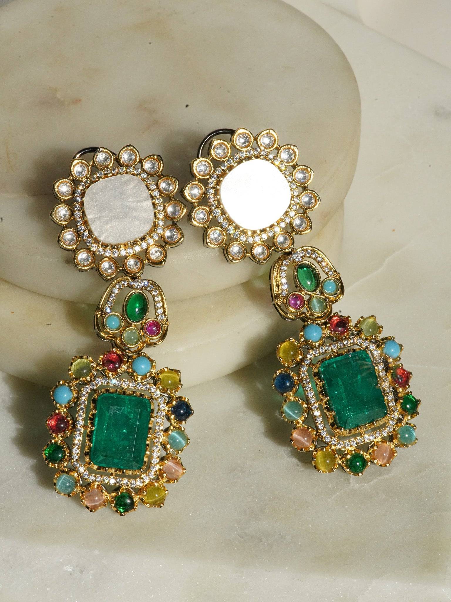 Monika Semi-Precious Gold Plated Mala Necklace Set - Multi-color stones with faux pearls and Moissanite Polki detailing, available with hot pink, light pink, or green center stones, and matching 2.6-inch statement earrings.