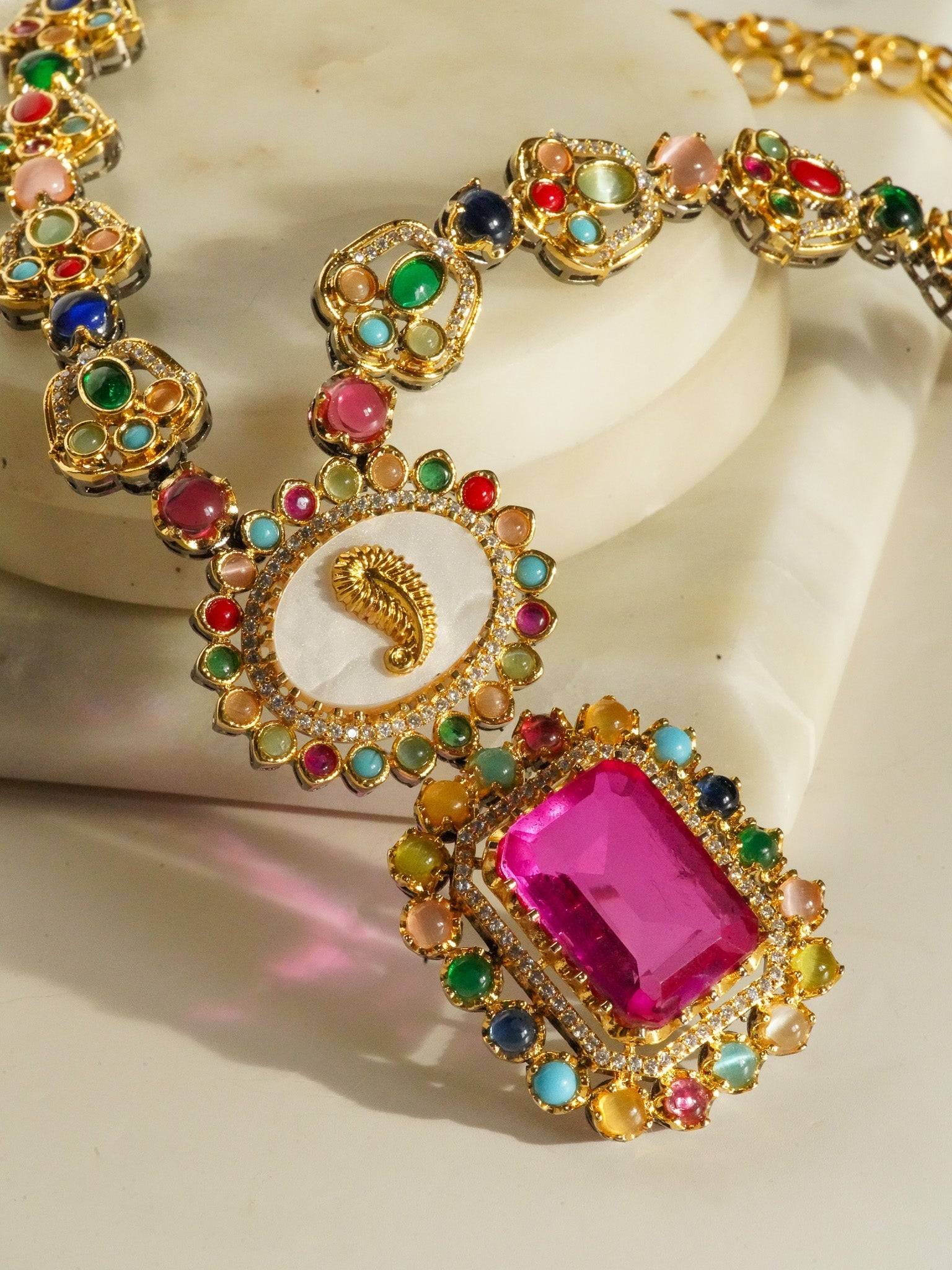 Monika Semi-Precious Gold Plated Mala Necklace Set - Multi-color stones with faux pearls and Moissanite Polki detailing, available with hot pink, light pink, or green center stones, and matching 2.6-inch statement earrings.