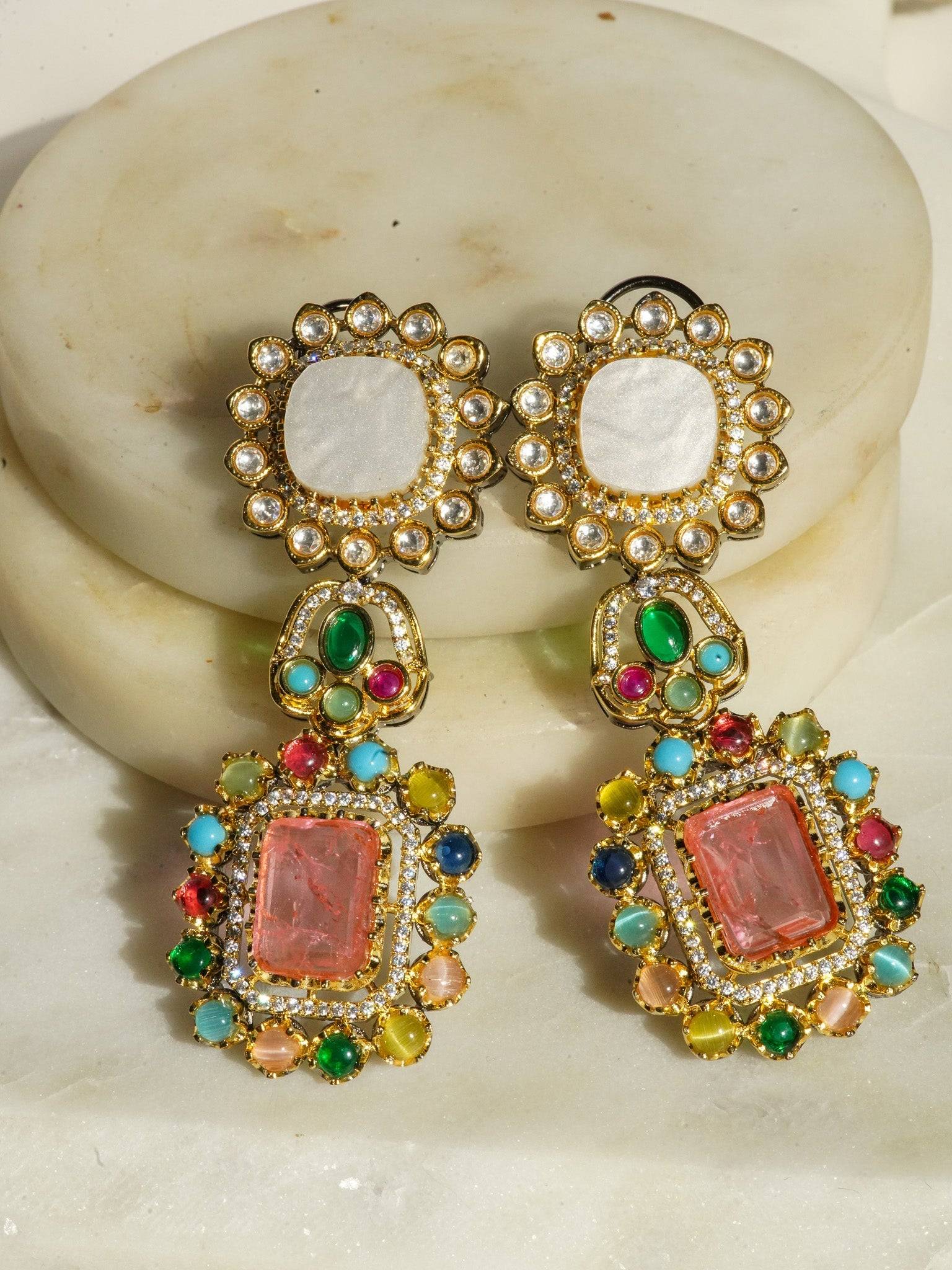 Monika Semi-Precious Gold Plated Mala Necklace Set - Multi-color stones with faux pearls and Moissanite Polki detailing, available with hot pink, light pink, or green center stones, and matching 2.6-inch statement earrings.