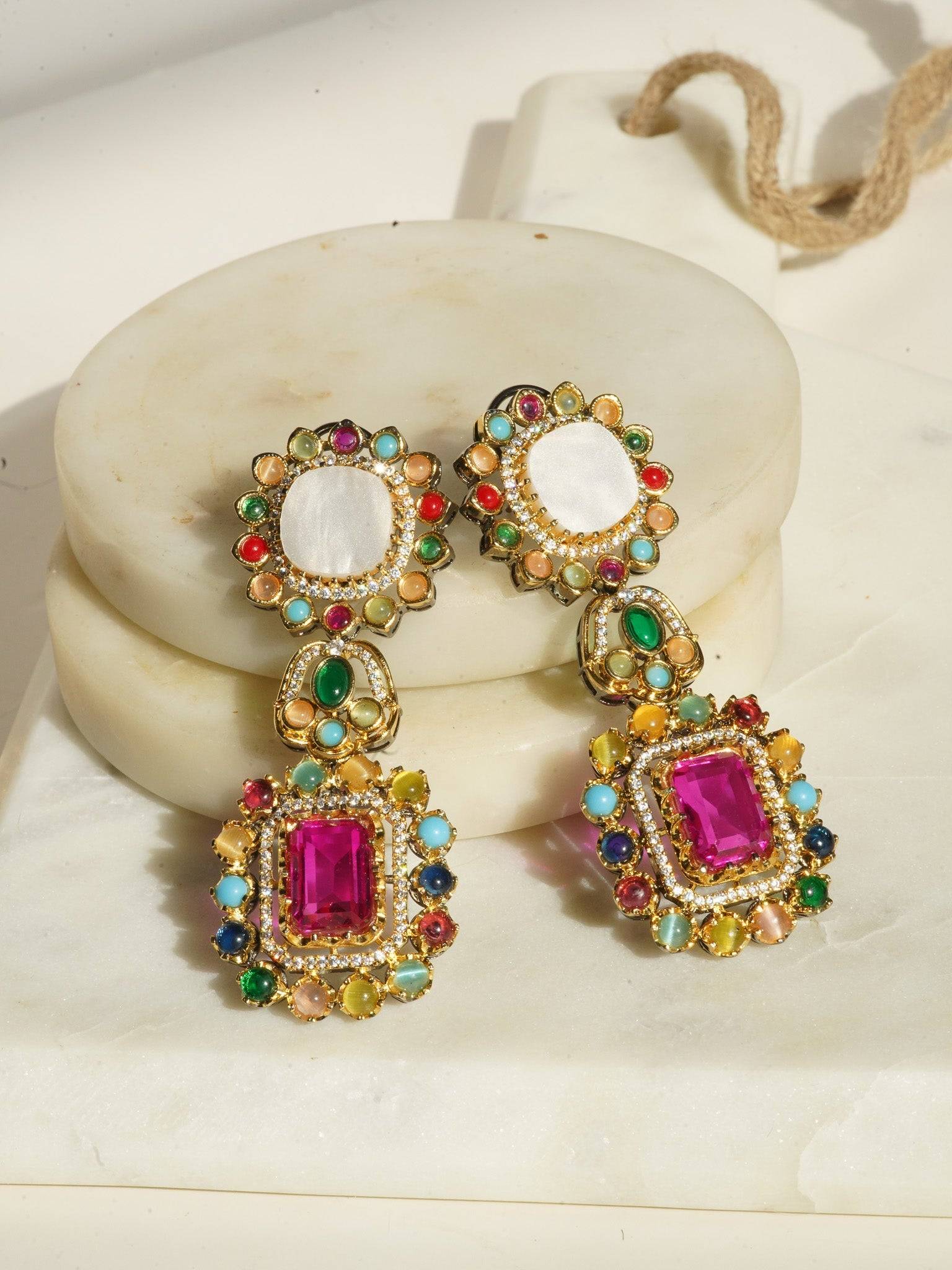 Monika Semi-Precious Gold Plated Mala Necklace Set - Multi-color stones with faux pearls and Moissanite Polki detailing, available with hot pink, light pink, or green center stones, and matching 2.6-inch statement earrings.