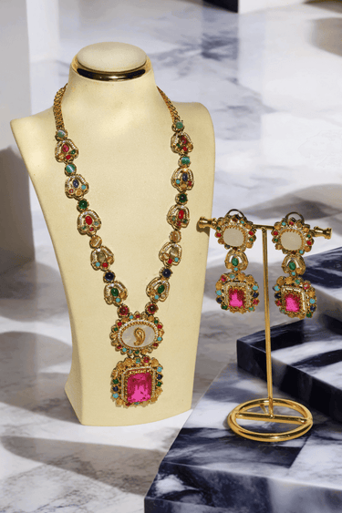 Monika Semi-Precious Gold Plated Mala Necklace Set - Multi-color stones with faux pearls and Moissanite Polki detailing, available with hot pink, light pink, or green center stones, and matching 2.6-inch statement earrings.