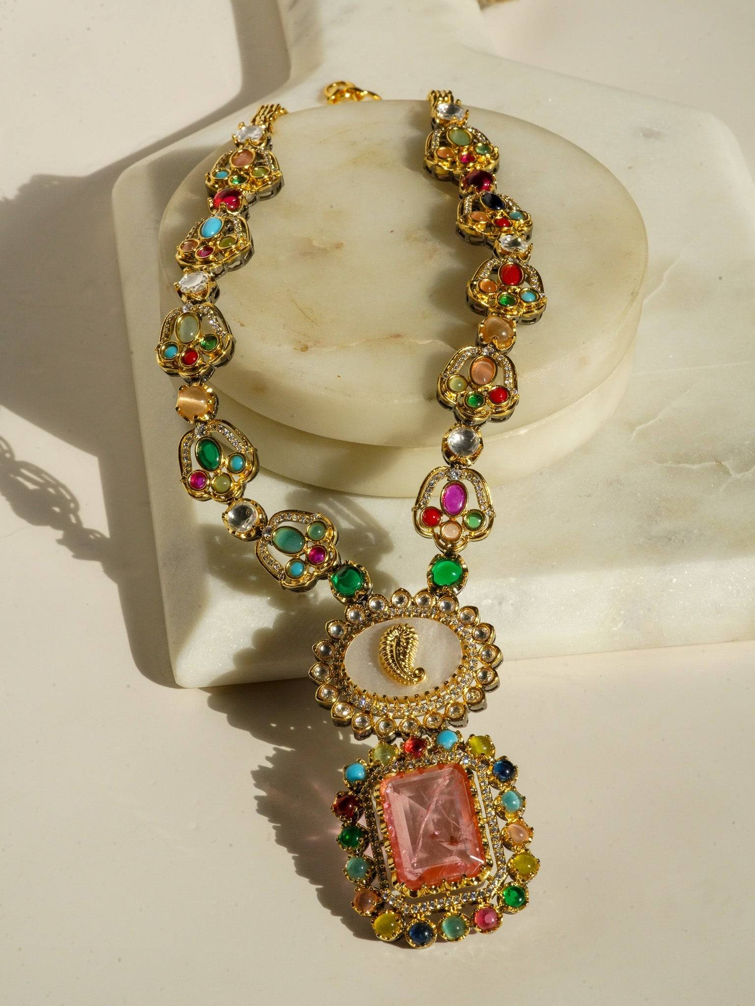 Monika Semi-Precious Gold Plated Mala Necklace Set - Multi-color stones with faux pearls and Moissanite Polki detailing, available with hot pink, light pink, or green center stones, and matching 2.6-inch statement earrings.
