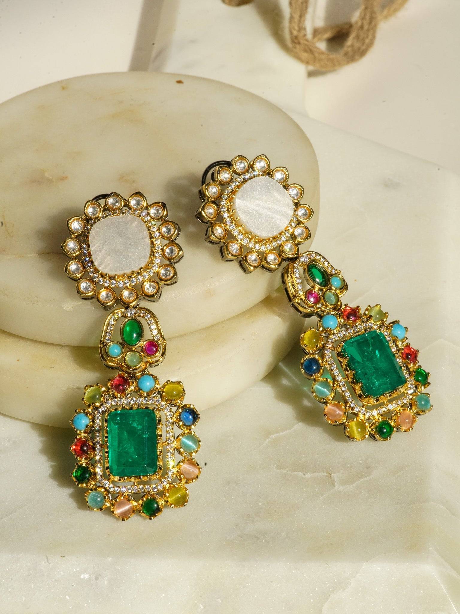Monika Semi-Precious Gold Plated Mala Necklace Set - Multi-color stones with faux pearls and Moissanite Polki detailing, available with hot pink, light pink, or green center stones, and matching 2.6-inch statement earrings.