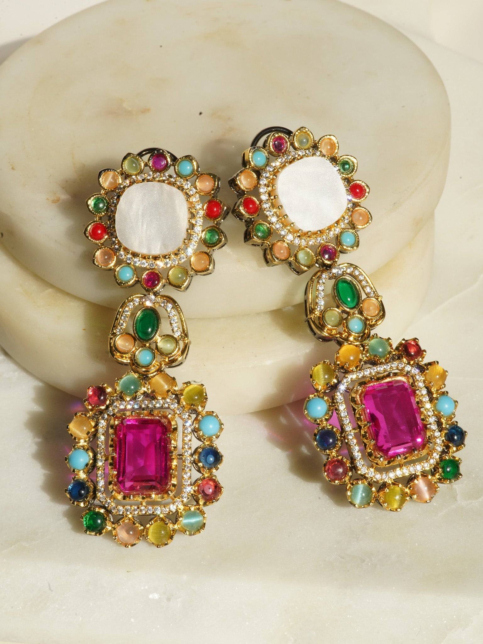 Monika Semi-Precious Gold Plated Mala Necklace Set - Multi-color stones with faux pearls and Moissanite Polki detailing, available with hot pink, light pink, or green center stones, and matching 2.6-inch statement earrings.