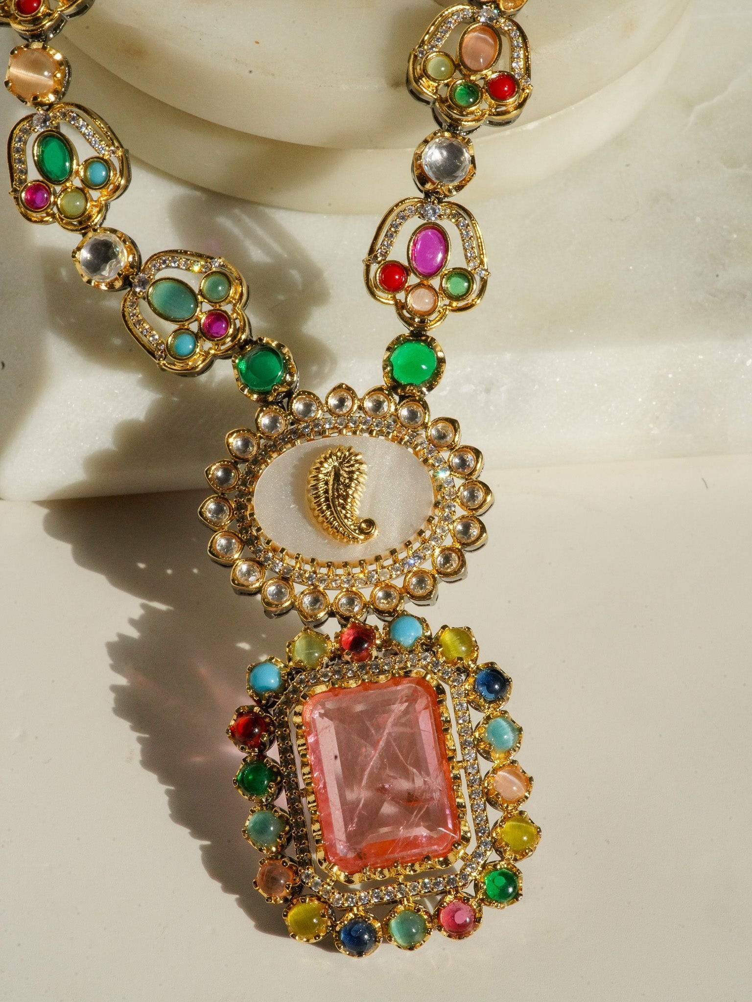 Monika Semi-Precious Gold Plated Mala Necklace Set - Multi-color stones with faux pearls and Moissanite Polki detailing, available with hot pink, light pink, or green center stones, and matching 2.6-inch statement earrings.