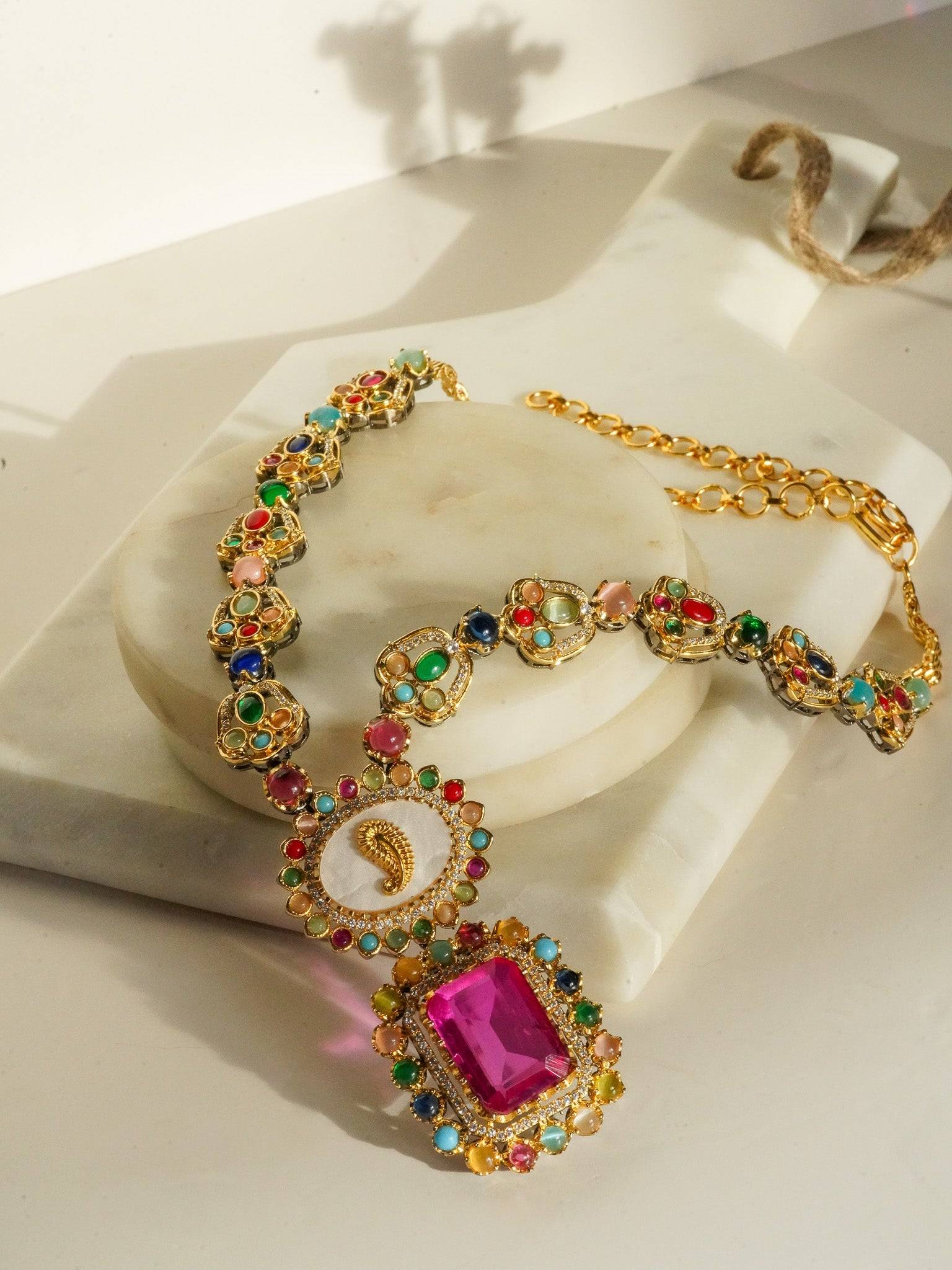 Monika Semi-Precious Gold Plated Mala Necklace Set - Multi-color stones with faux pearls and Moissanite Polki detailing, available with hot pink, light pink, or green center stones, and matching 2.6-inch statement earrings.