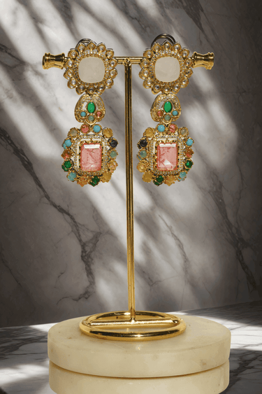 Monika Semi-Precious Gold Plated Mala Necklace Set - Multi-color stones with faux pearls and Moissanite Polki detailing, available with hot pink, light pink, or green center stones, and matching 2.6-inch statement earrings.