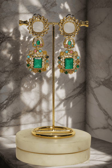 Monika Semi-Precious Gold Plated Mala Necklace Set - Multi-color stones with faux pearls and Moissanite Polki detailing, available with hot pink, light pink, or green center stones, and matching 2.6-inch statement earrings.