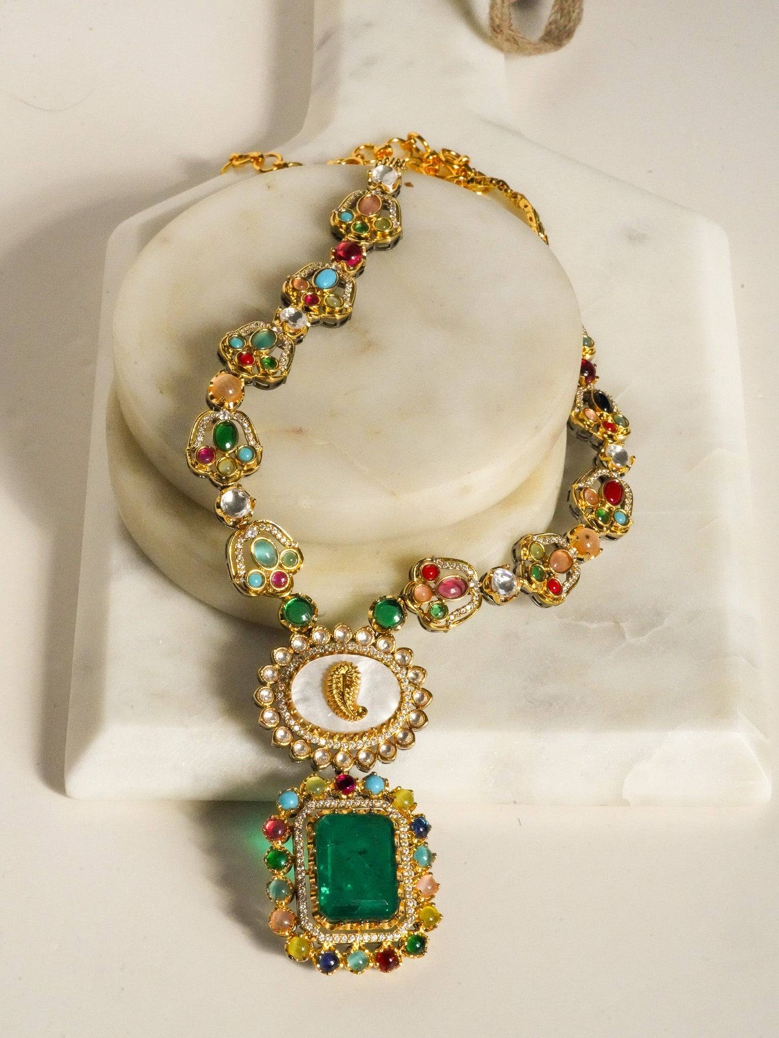 Monika Semi-Precious Gold Plated Mala Necklace Set - Multi-color stones with faux pearls and Moissanite Polki detailing, available with hot pink, light pink, or green center stones, and matching 2.6-inch statement earrings.