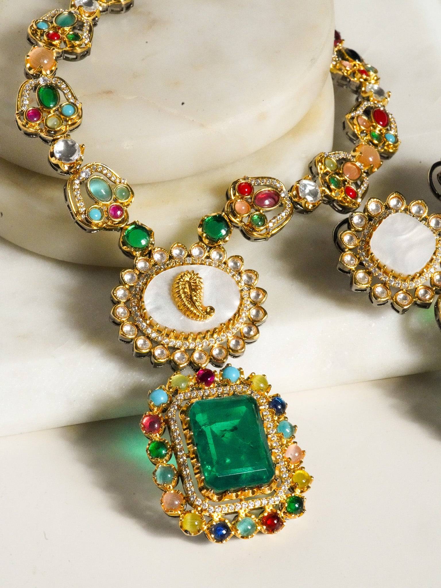 Monika Semi-Precious Gold Plated Mala Necklace Set - Multi-color stones with faux pearls and Moissanite Polki detailing, available with hot pink, light pink, or green center stones, and matching 2.6-inch statement earrings.