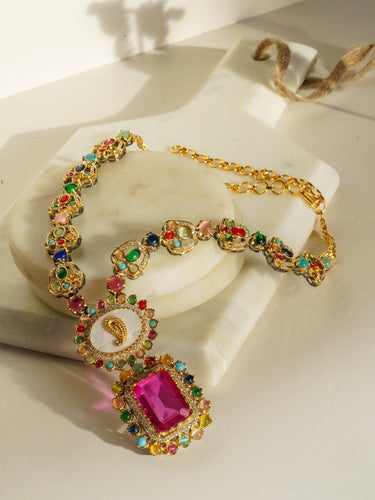 Monika Semi-Precious Gold Plated Mala Necklace Set - Multi-color stones with faux pearls and Moissanite Polki detailing, available with hot pink, light pink, or green center stones, and matching 2.6-inch statement earrings.