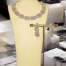 Mukta Diamante Accent AD Necklace Set - Rhodium or rose gold-plated finish, adorned with AD stones and faux pearls, featuring intricate floral patterns and matching minimal earrings.