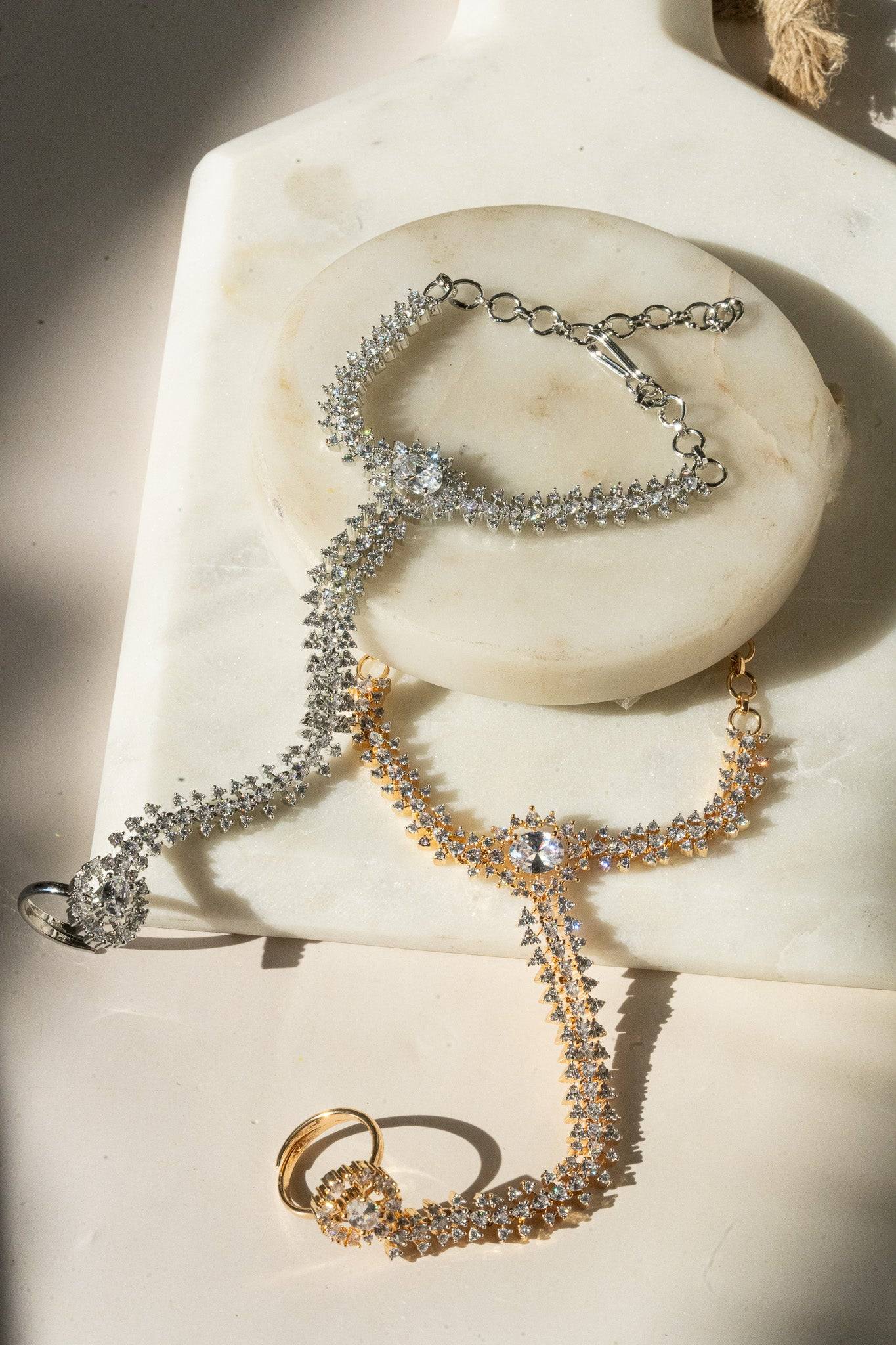 Nayla statement haathphool - hand chain bracelet in gold or rhodium plating with adjustable ring