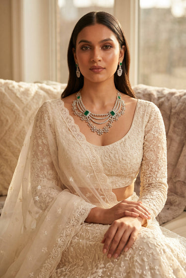 Rhodium Floral Layered Diamante Necklace Set – Ruby, Pink or Green | Neha