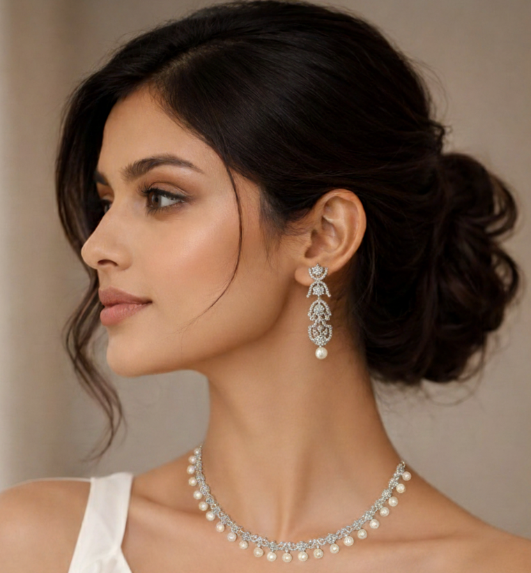 Woman wearing a pearl necklace and earrings with a neutral background