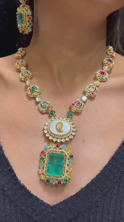 Monika Semi-Precious Gold Plated Mala Necklace Set - Multi-color stones with faux pearls and Moissanite Polki detailing, available with hot pink, light pink, or green center stones, and matching 2.6-inch statement earrings.