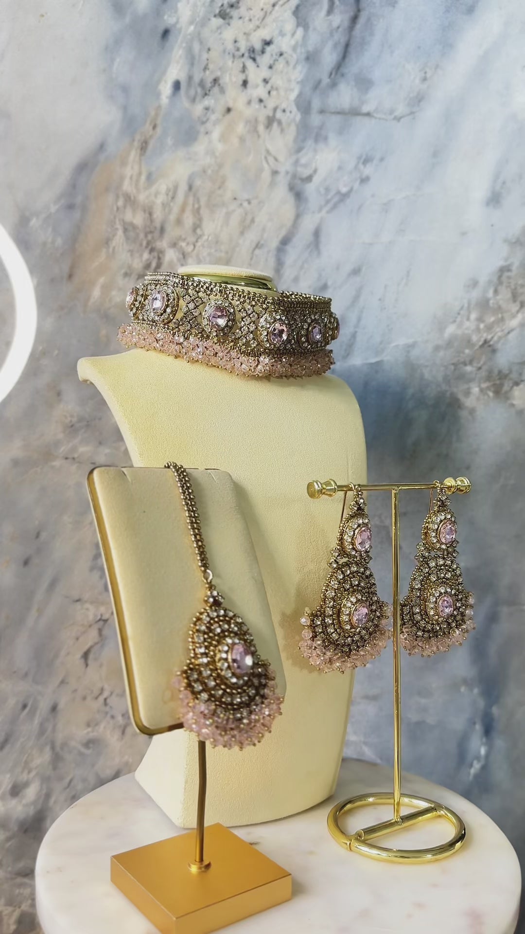 Pink stone variation of Rimmie Artisan Crafted Choker Set with matching earrings and pendant, perfect for festive Pakistani attire.