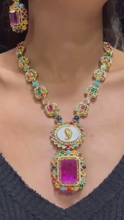 Monika Semi-Precious Gold Plated Mala Necklace Set - Multi-color stones with faux pearls and Moissanite Polki detailing, available with hot pink, light pink, or green center stones, and matching 2.6-inch statement earrings.