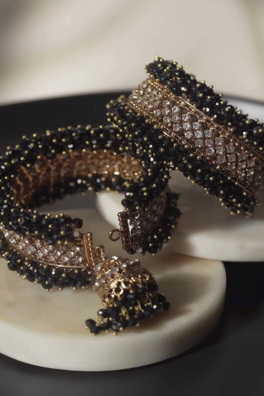 Aliya Handcrafted Bangle Bracelet - Available in silver and faux pearls, gold and faux pearls, silver and black, gold and black, gold and maroon, and silver and pink, with hanging jhumka.