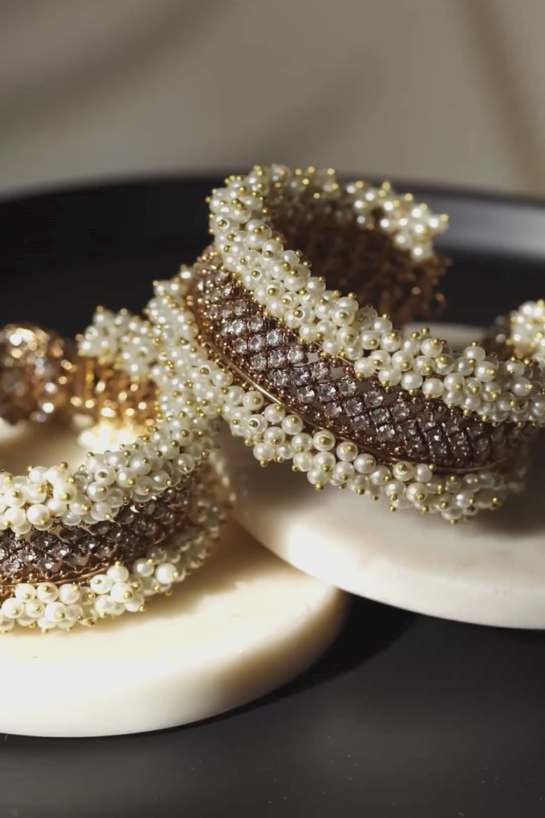 Aliya Handcrafted Bangle Bracelet - Available in silver and faux pearls, gold and faux pearls, silver and black, gold and black, gold and maroon, and silver and pink, with hanging jhumka.