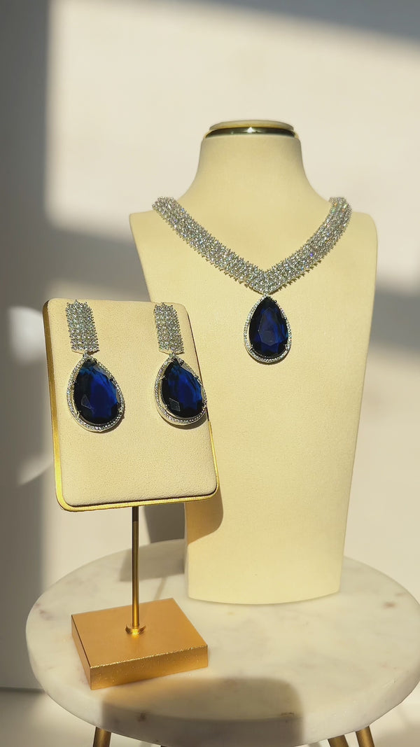 Sharmine Pavé Rhodium Plated Necklace Set in Sapphire Blue by Inaury | Indian Jewelry