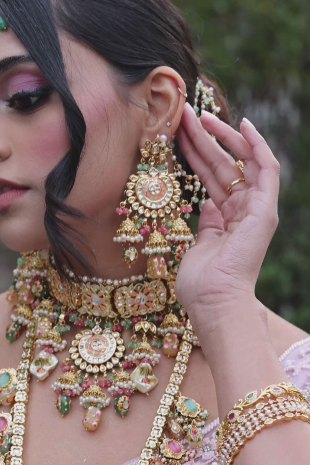 Arthi Bridal Set - Gold-plated with Polki, Kundan, and Meenakari work, featuring an oversized choker necklace, layered long necklace, matching earrings, and Maang Tikka.