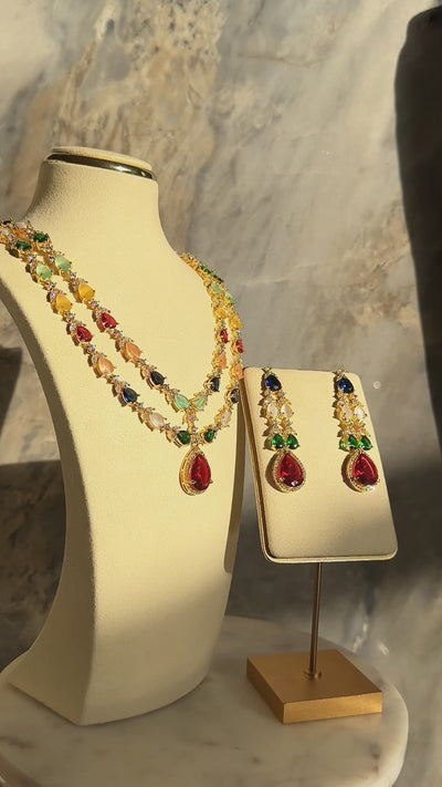 White and gold double layer diamanté necklace set for Indian weddings by Inaury