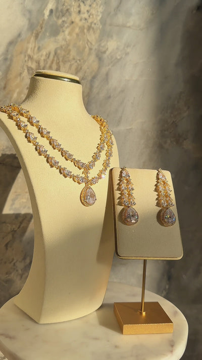 White and gold double layer diamanté necklace set for Indian weddings by Inaury