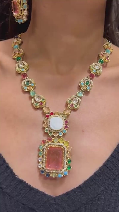 Monika Semi-Precious Gold Plated Mala Necklace Set - Multi-color stones with faux pearls and Moissanite Polki detailing, available with hot pink, light pink, or green center stones, and matching 2.6-inch statement earrings.