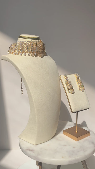Lavish Nafisha - AD Choker Necklace Set in Gold, Black (Oxidized), and Silver Options