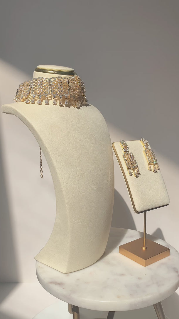 Nafisha Silver & AD Stone Choker Set in warm lighting, highlighting the brilliance of the CZ stones and elegant craftsmanship.