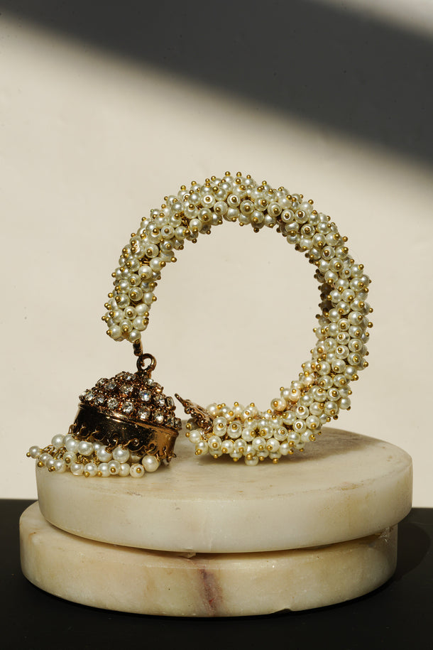 Aliya Handcrafted Bangle Bracelet - Available in silver and faux pearls, gold and faux pearls, silver and black, gold and black, gold and maroon, and silver and pink, with hanging jhumka.
