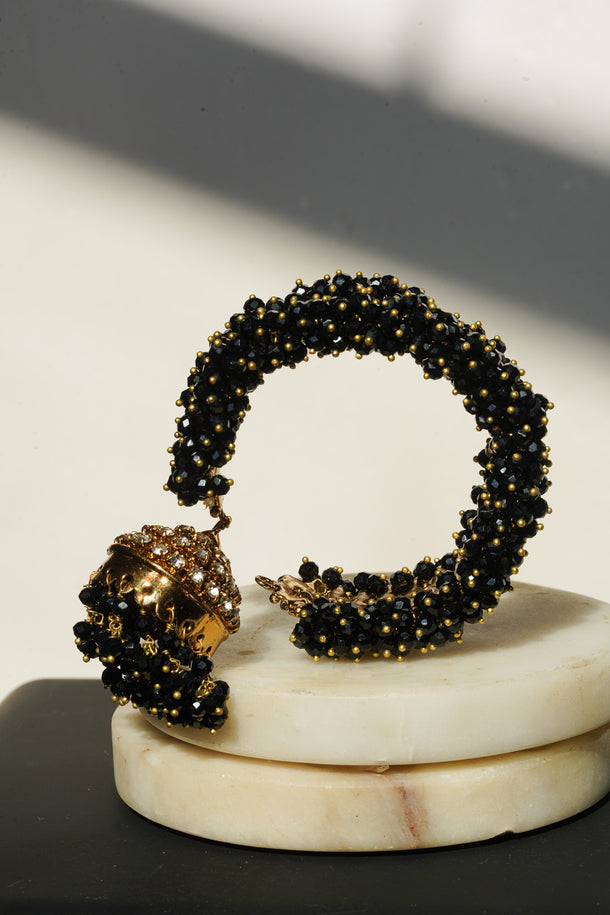 Aliya Handcrafted Bangle Bracelet - Available in silver and faux pearls, gold and faux pearls, silver and black, gold and black, gold and maroon, and silver and pink, with hanging jhumka.