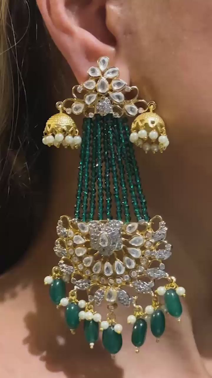 Meena Gold Plated Green Kundan Chandelier Earrings: Intricate Setting, Mini Jhumkas, 4 Inches Long