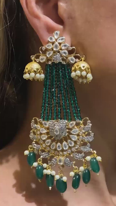 Meenu Chandelier Earrings - Gold plated with green beads, authentic Moissanite Polki, and white Diamante AD stones, featuring mini jhumkas and intricate design.