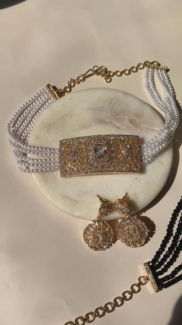 Pearl gold Luna Chic Choker Set with square crystal centerpiece and matching earrings, ideal for bridal and formal jewelry styling.