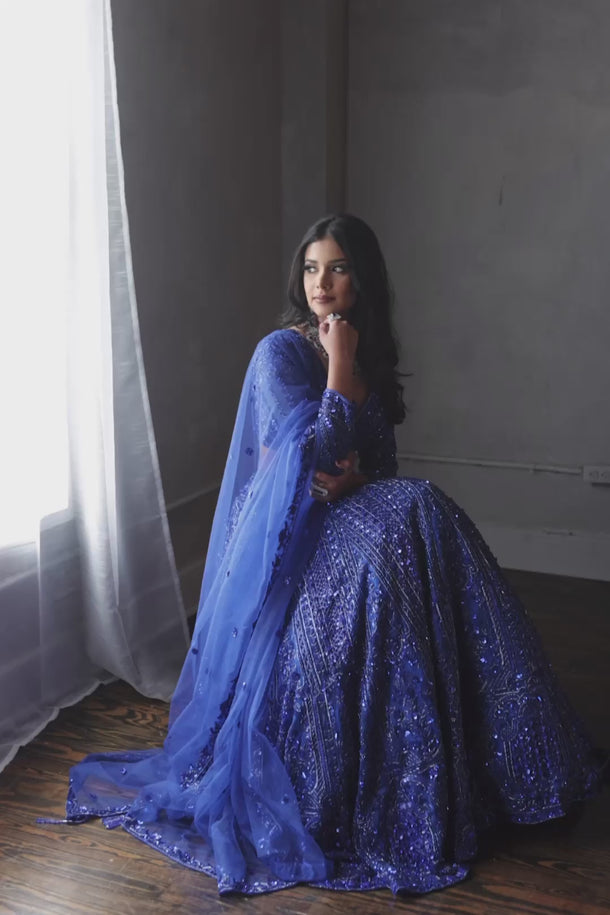Model in blue lehenga wearing Purvi Diamante Necklace Set - Bridal Indian Jewelry, styled for elegant bridal and festive looks.