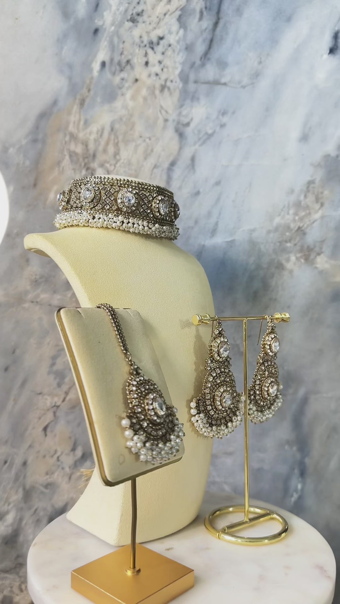 Gold Rimmie Artisan Crafted Choker Set with clear zircon stones and pearls, ideal for traditional Pakistani events and weddings.