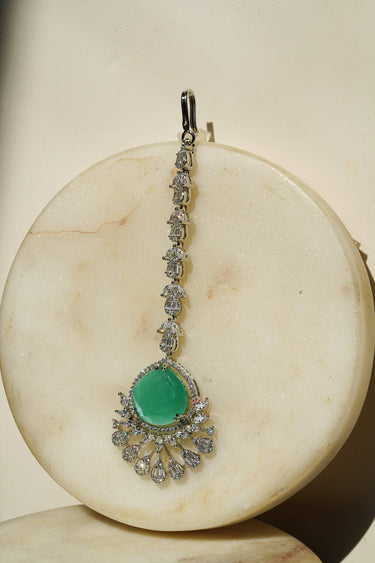 Rina Silver Maang Tikka showcasing green stone detail