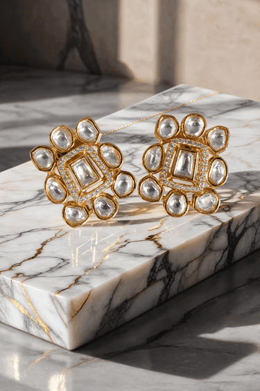 Siri Minimal Gold Plated Moissanite Polki Necklace Set with a double-strand design and matching floral pattern stud earrings.