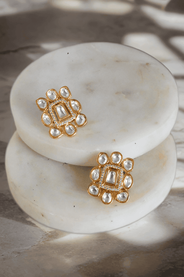 Siri Minimal Gold Plated Moissanite Polki Necklace Set with a double-strand design and matching floral pattern stud earrings.