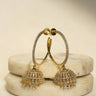Inaury Subha modern hoop jhumka earrings in gold plating with white AD diamante stones – South Asian fusion jewelry