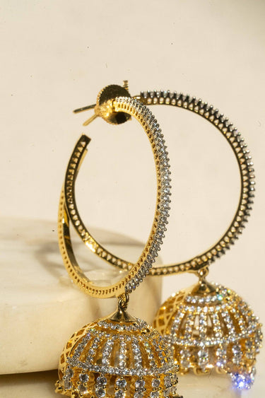 Inaury Subha modern hoop jhumka earrings in gold plating with white AD diamante stones – South Asian fusion jewelry
