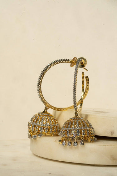 Inaury Subha modern hoop jhumka earrings in gold plating with white AD diamante stones – South Asian fusion jewelry