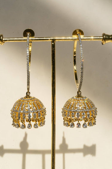 Inaury Subha modern hoop jhumka earrings in gold plating with white AD diamante stones – South Asian fusion jewelry