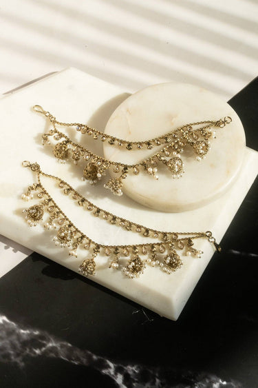 Suhani mehendi gold earring chains with filigree jhumkas and kundan details – pair