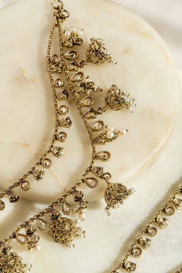 Suhani mehendi gold earring chains with filigree jhumkas and kundan details – pair